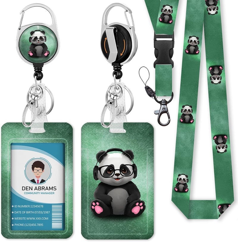 Piefly ID Badge Holder with Lanyard, Cute Badge Holder with Retractable Heavy Duty Badge Reel Clip, Panda Name Tag Lanyard Vertical ID Card Protector Cover for Women Teacher Nurses Doctor Student - Image 1